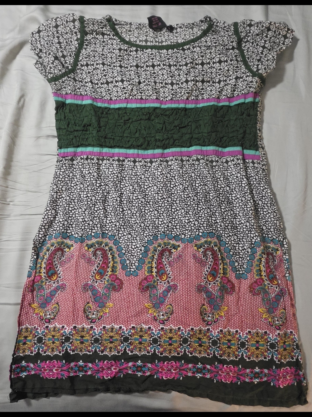 Smocked Bodice Dress with Green and Pink Paisley Border